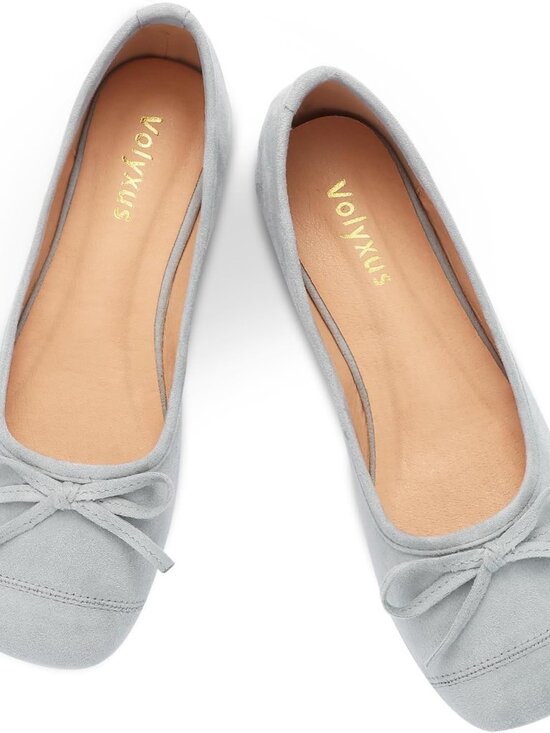 Women's Light Blue Faux Suede Square Toe Slip On Cap Toe Bow Dressy Flat Shoes - Picture 3 of 7